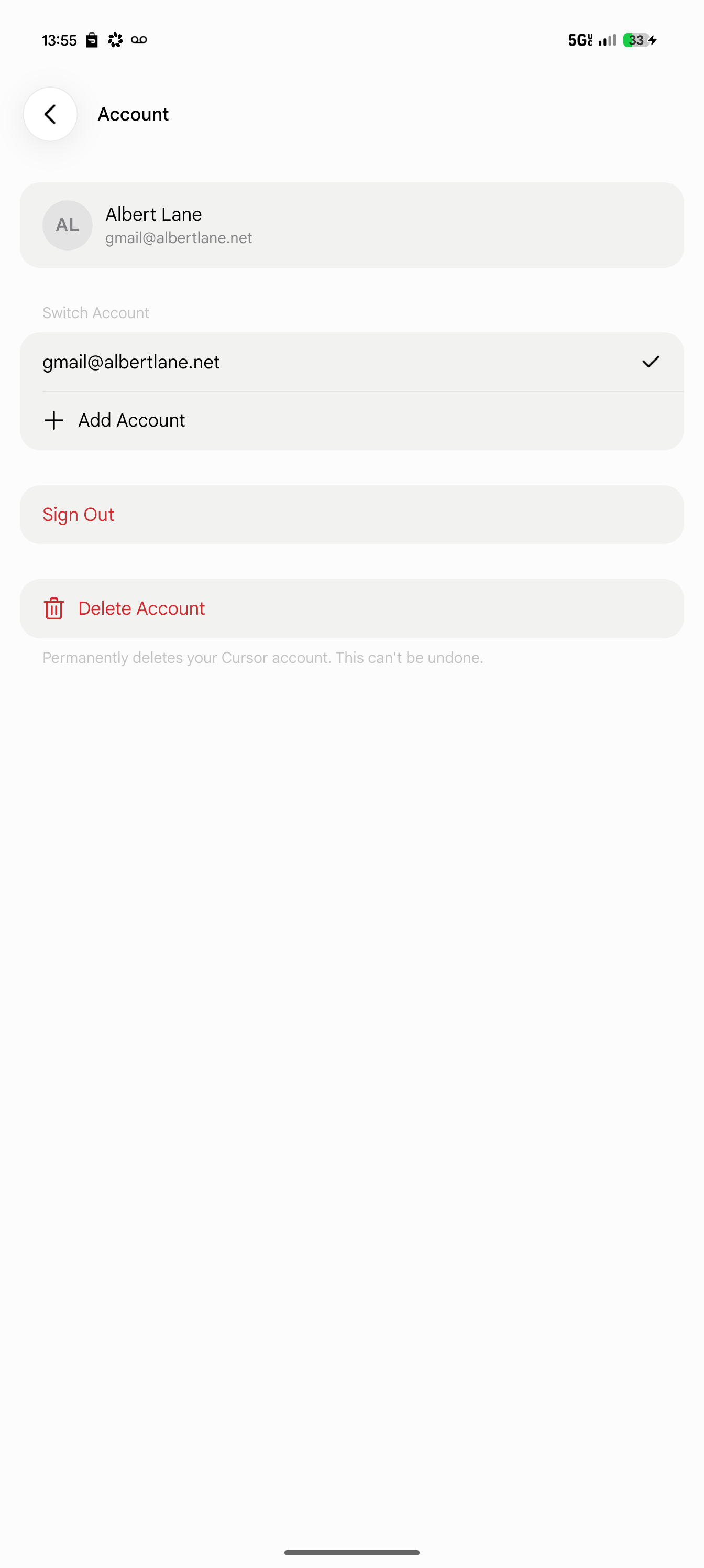 App Account screen