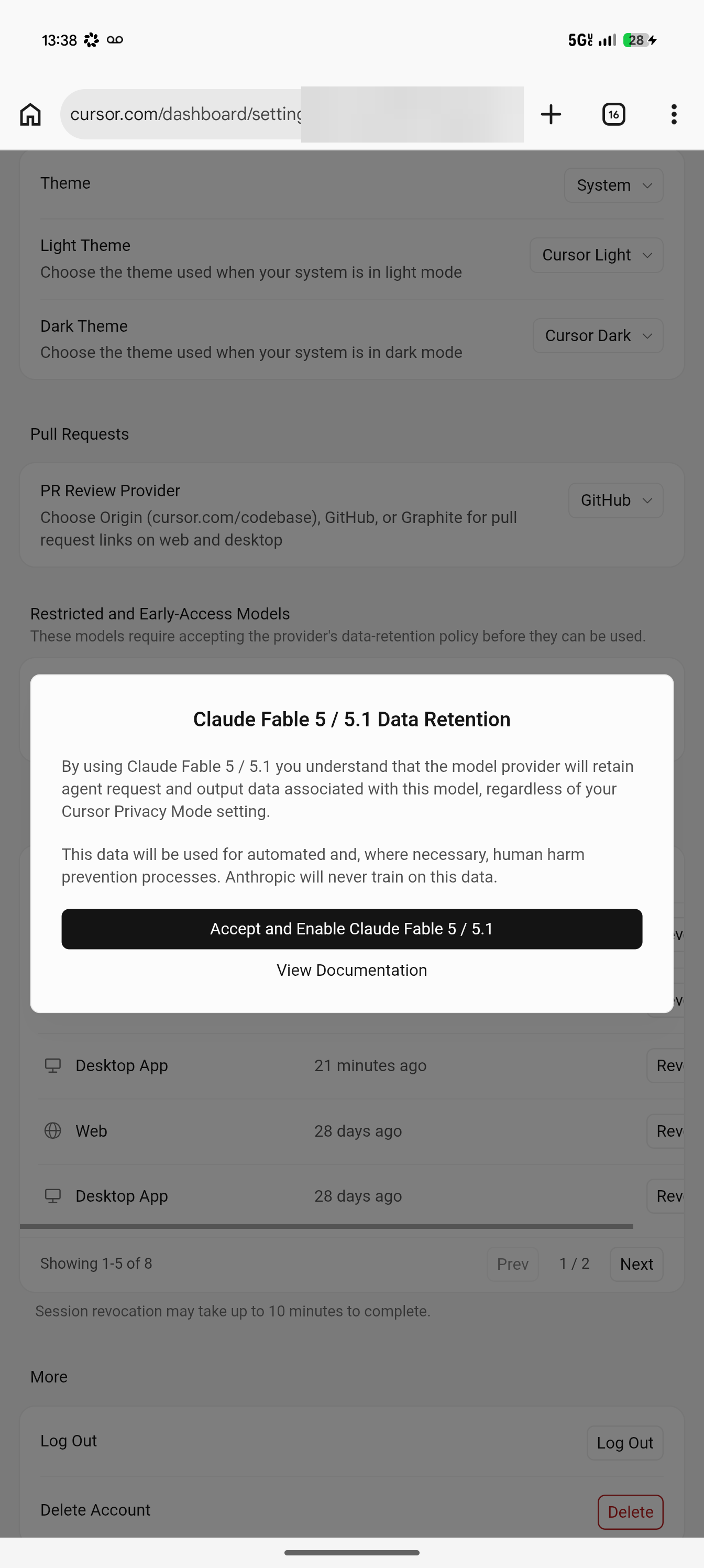 cursor.com/dashboard/settings — Claude Fable 5 / 5.1 Data Retention dialog